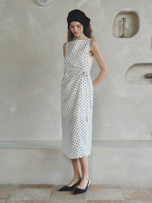 BONITA dot long sleeveless dress_IVORY