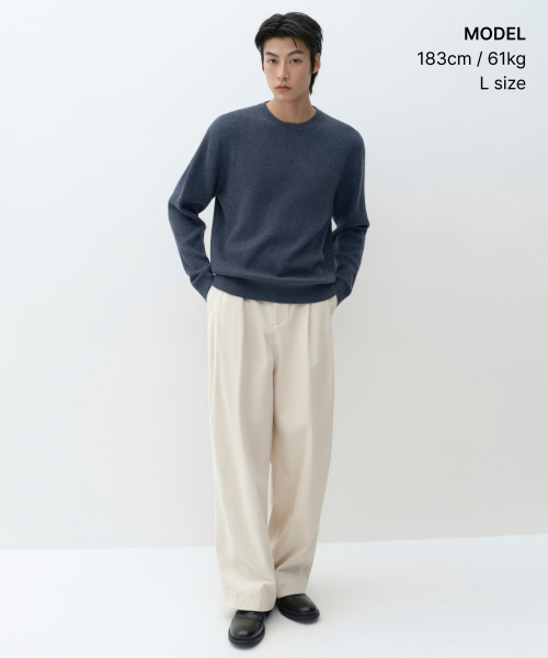 [VICTORIA WOOL] MINIMAL RIBBED CREW NECK KNIT [BLUE GREY]