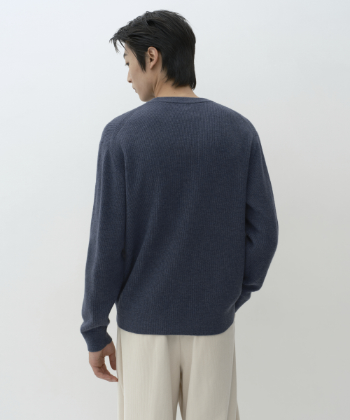 [VICTORIA WOOL] MINIMAL RIBBED CREW NECK KNIT [BLUE GREY]