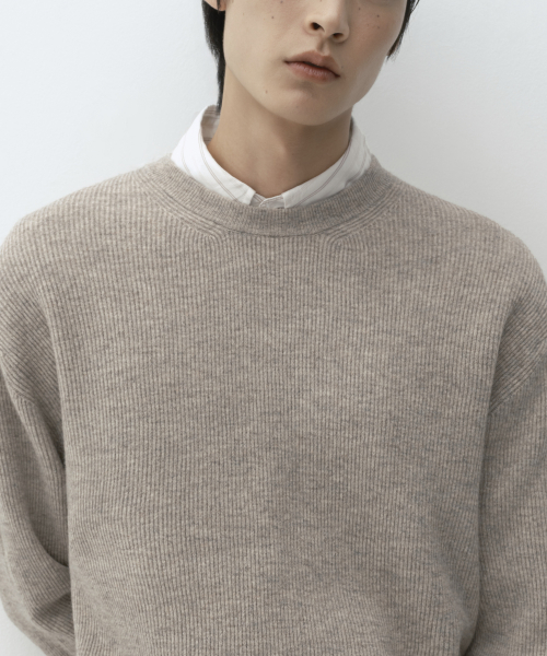[VICTORIA WOOL] MINIMAL RIBBED CREW NECK KNIT [OATMEAL]