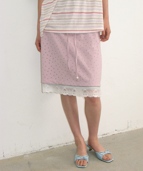 DOT LAYERED LACE HEM SKIRT PINK
