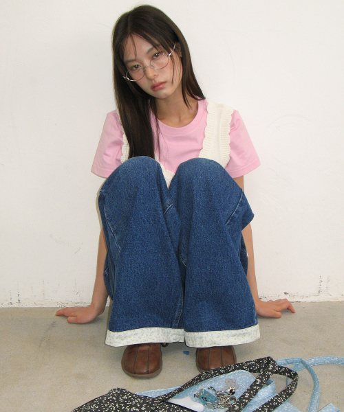 FLORAL LINED WIDE DENIM PANTS MEDIUM BLUE