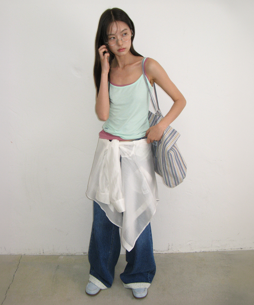 FLORAL LINED WIDE DENIM PANTS MEDIUM BLUE