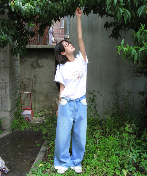 FLORAL LINED WIDE DENIM PANTS LIGHT BLUE