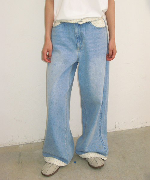 FLORAL LINED WIDE DENIM PANTS LIGHT BLUE