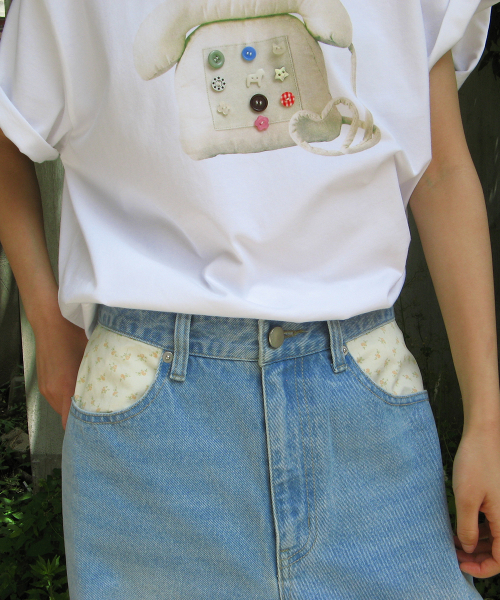 FLORAL LINED WIDE DENIM PANTS LIGHT BLUE