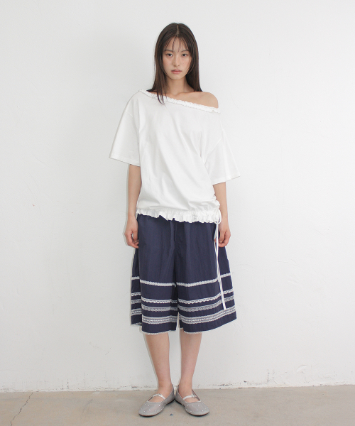LACE TRIM NYLON BERMUDA PANTS NAVY