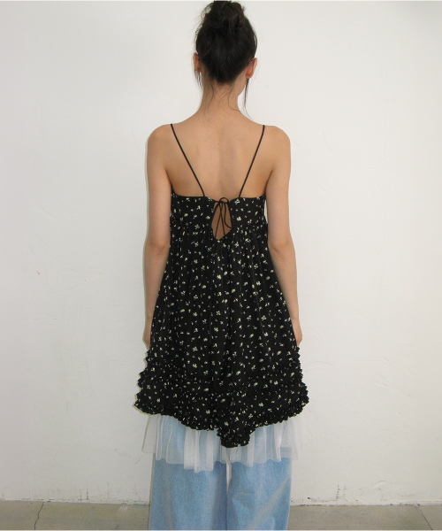 FLORAL FRILL A LINE SLEEVELESS DRESS BLACK