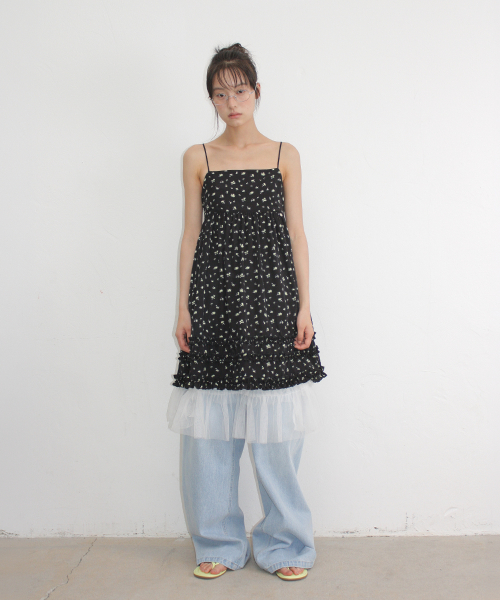 FLORAL FRILL A LINE SLEEVELESS DRESS BLACK