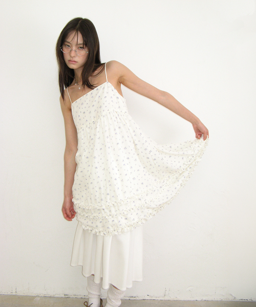 FLORAL FRILL A LINE SLEEVELESS DRESS WHITE
