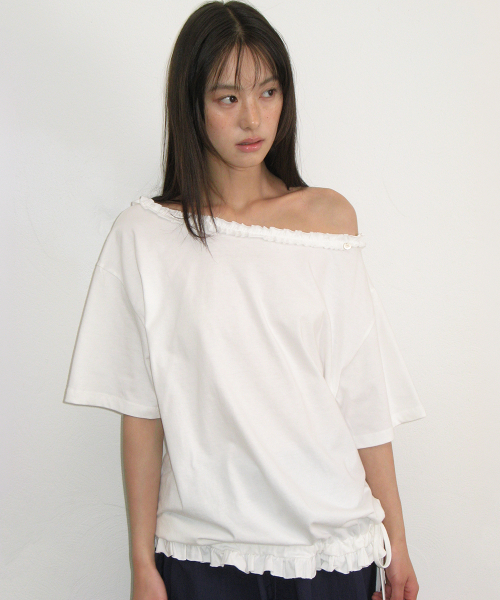 FRILL OFF SHOULDER STRING T SHIRT WHITE