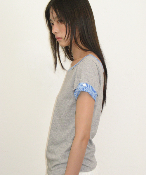 HEART BUTTON ROLL UP LAYERED T SHIRT GREY
