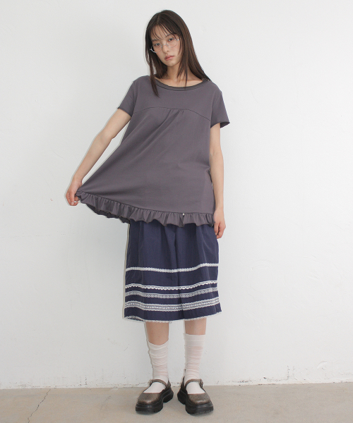 STRING SHIRRING RUFFLE T SHIRT CHARCOAL