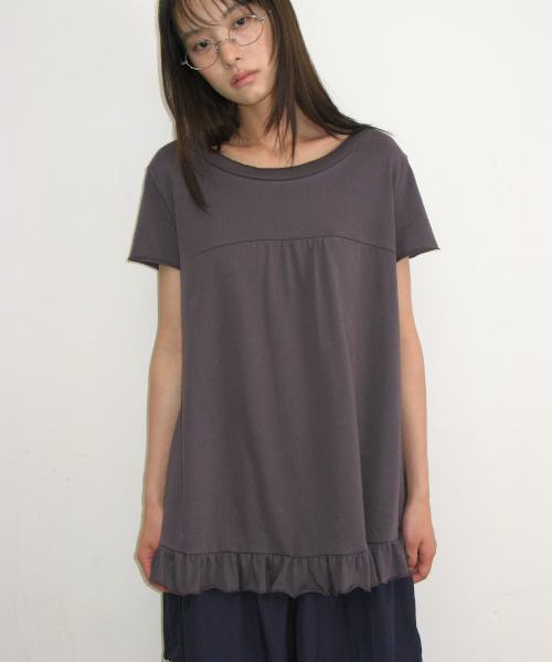 STRING SHIRRING RUFFLE T SHIRT CHARCOAL