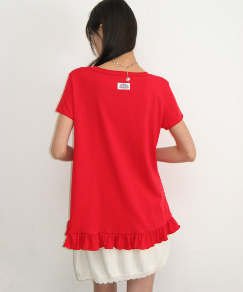 STRING SHIRRING RUFFLE T SHIRT RED