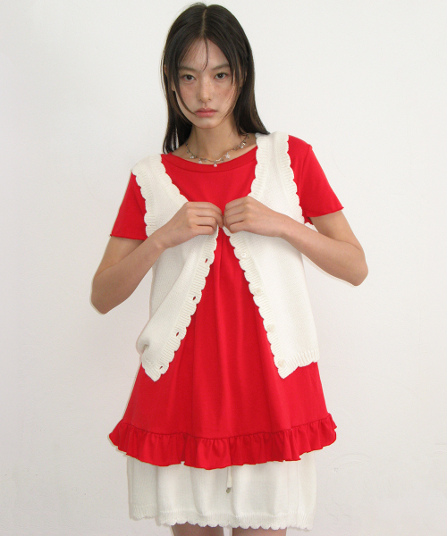 STRING SHIRRING RUFFLE T SHIRT RED