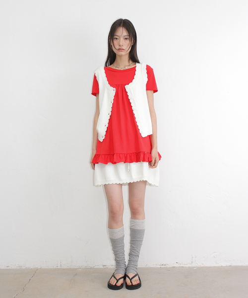 STRING SHIRRING RUFFLE T SHIRT RED