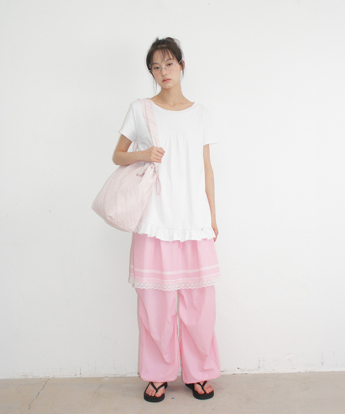 STRING SHIRRING RUFFLE T SHIRT WHITE
