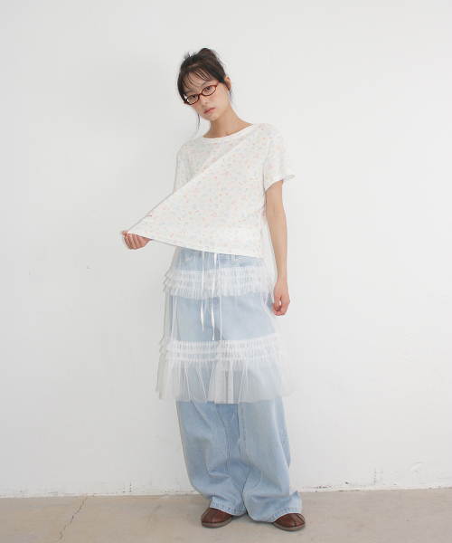 DRAWING EYELET HALF SLEEVE T SHIRT IVORY
