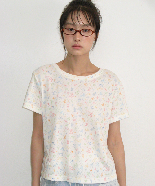 DRAWING EYELET HALF SLEEVE T SHIRT IVORY