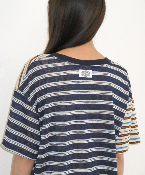 MIX STRIPE CONTRAST OVER FIT T SHIRT CHARCOAL BROWN