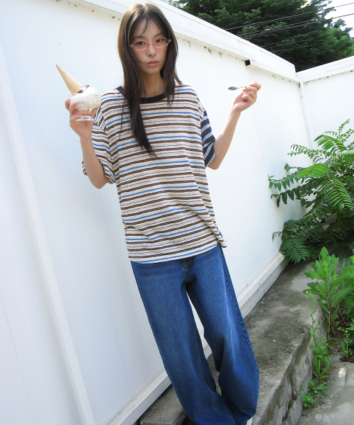 MIX STRIPE CONTRAST OVER FIT T SHIRT CHARCOAL BROWN