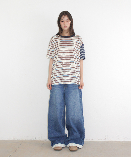 MIX STRIPE CONTRAST OVER FIT T SHIRT CHARCOAL BROWN