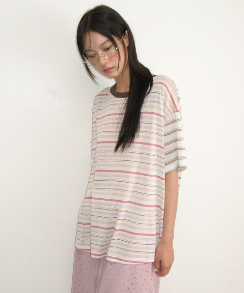 MIX STRIPE CONTRAST OVER FIT T SHIRT PINK PURPLE