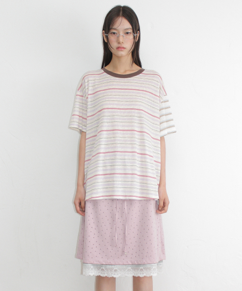 MIX STRIPE CONTRAST OVER FIT T SHIRT PINK PURPLE