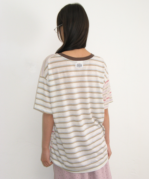 MIX STRIPE CONTRAST OVER FIT T SHIRT PINK PURPLE