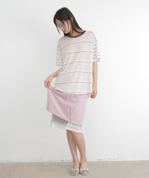 MIX STRIPE CONTRAST OVER FIT T SHIRT PINK PURPLE