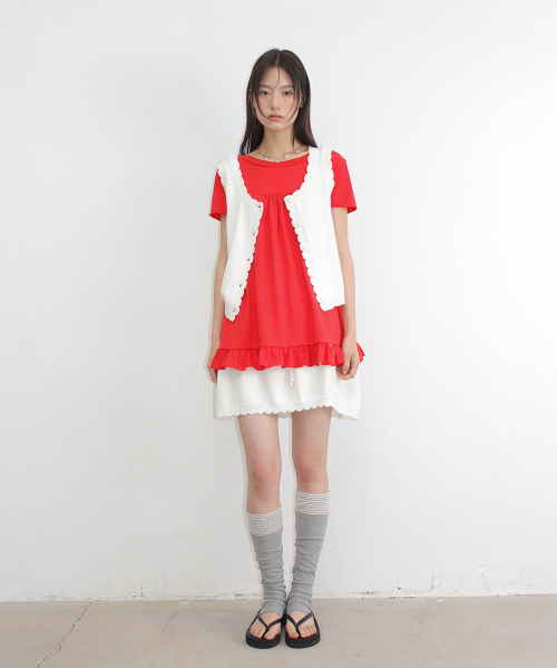SCALLOP TRIM KNIT SLEEVELESS CARDIGAN IVORY