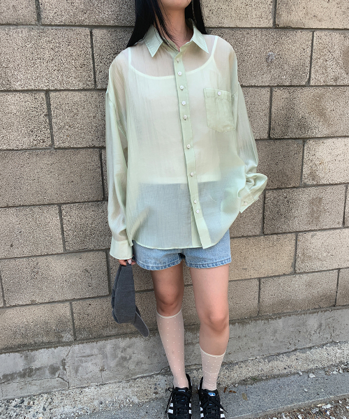 SHEER BUTTON POCKET OVERSIZED SHIRT MINT