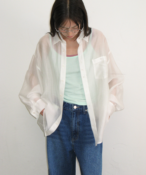 SHEER BUTTON POCKET OVERSIZED SHIRT WHITE