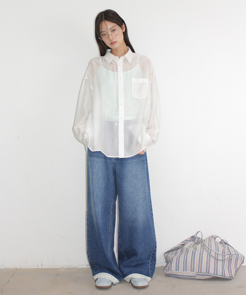 SHEER BUTTON POCKET OVERSIZED SHIRT WHITE