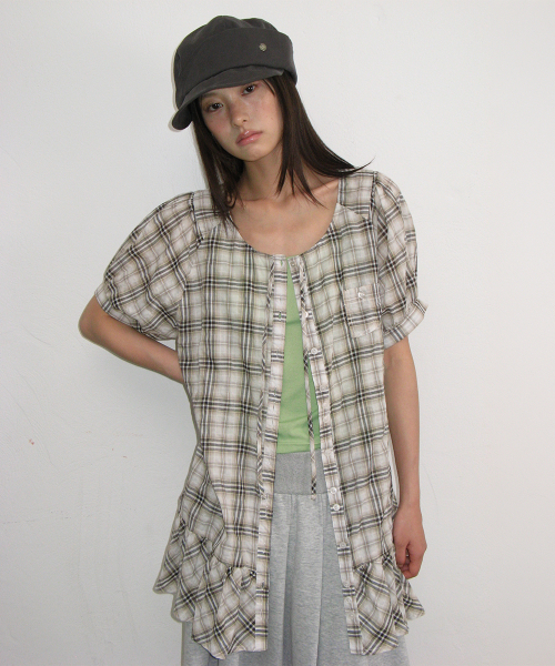 CHECK PUFF SLEEVE MINI DRESS BLOUSE BEIGE
