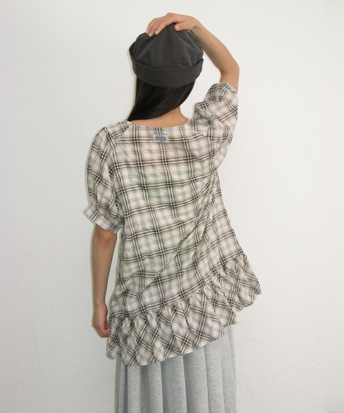 CHECK PUFF SLEEVE MINI DRESS BLOUSE BEIGE