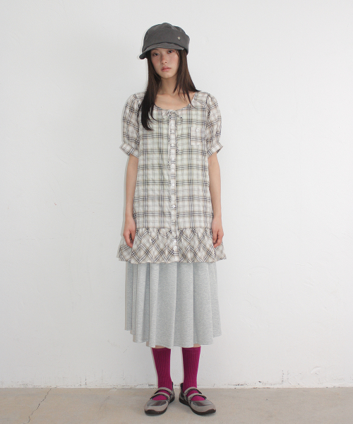 CHECK PUFF SLEEVE MINI DRESS BLOUSE BEIGE