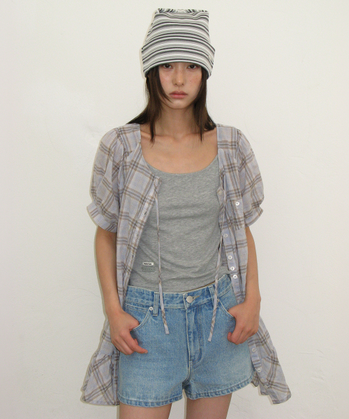 CHECK PUFF SLEEVE MINI DRESS BLOUSE SOFT BLUE