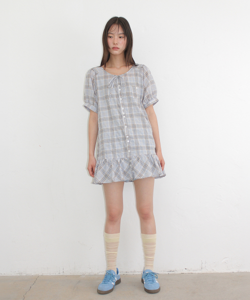 CHECK PUFF SLEEVE MINI DRESS BLOUSE SOFT BLUE