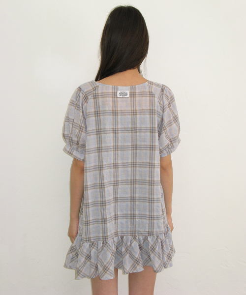CHECK PUFF SLEEVE MINI DRESS BLOUSE SOFT BLUE