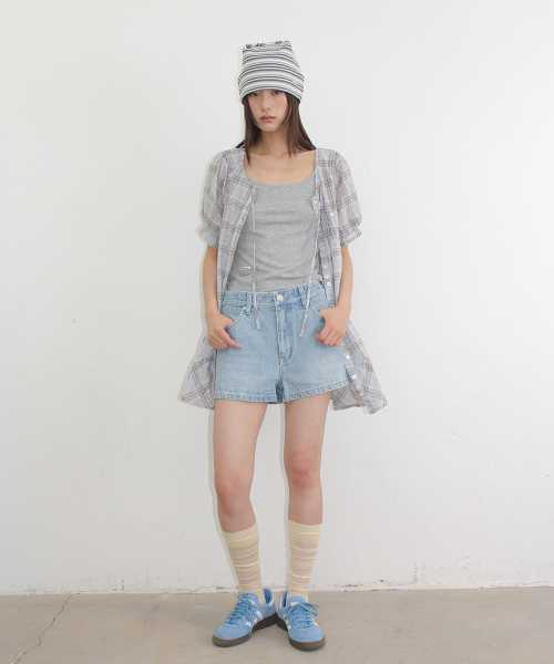 CHECK PUFF SLEEVE MINI DRESS BLOUSE SOFT BLUE