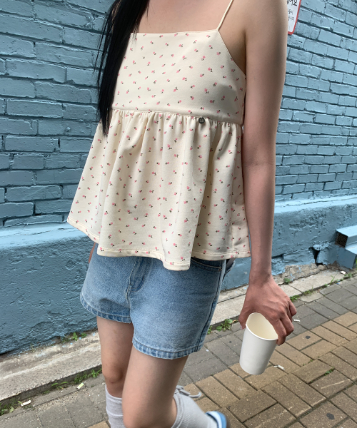 FLORAL RIBBON GATHER SLEEVELESS CREAM