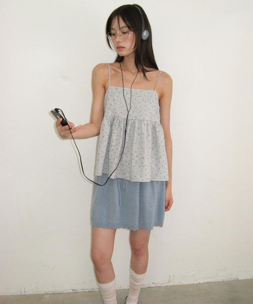 FLORAL RIBBON GATHER SLEEVELESS GREY