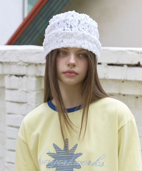 Flower Lace Pleated Beanie Hat (2color)_White