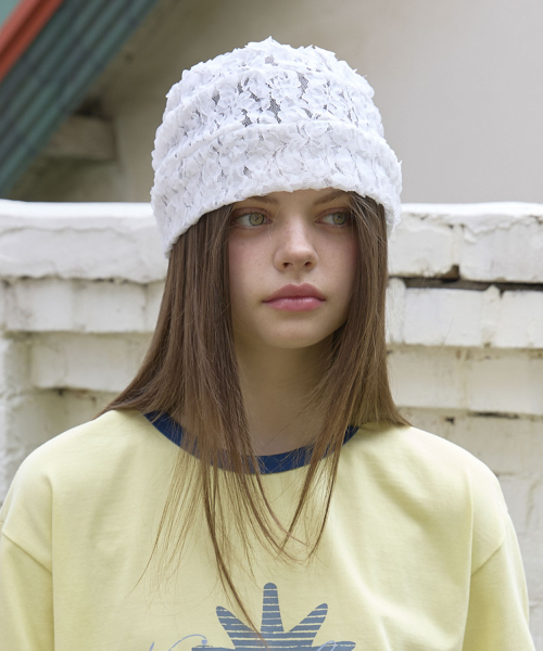 Flower Lace Pleated Beanie Hat (2color)_White