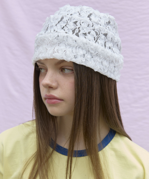Flower Lace Pleated Beanie Hat (2color)_White