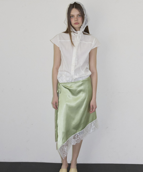 Satin Diagonal Layered Skirt (2color)_Olive