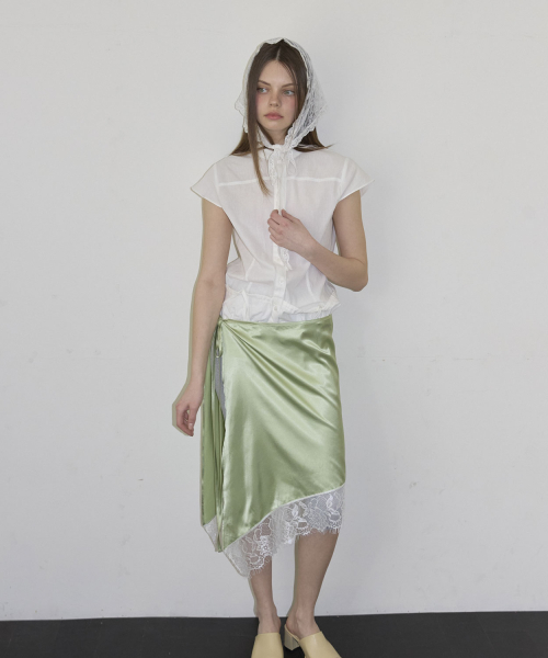 Satin Diagonal Layered Skirt (2color)_Olive