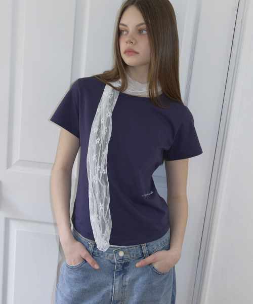 Embroidery Round Short Sleeve T-Shirt (4color)_Navy